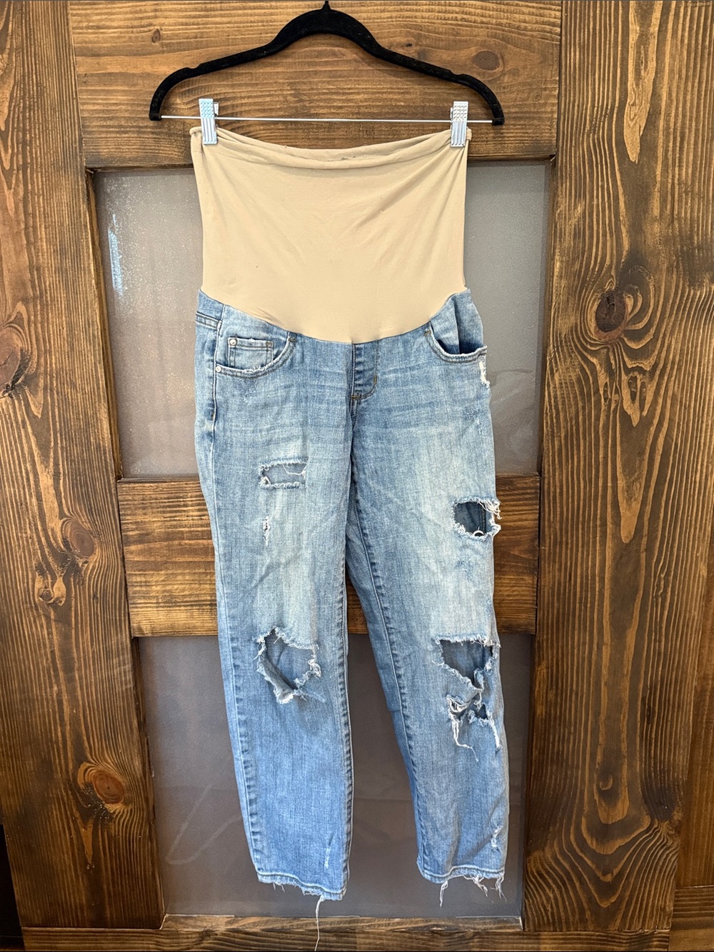 Light Blue Distressed Maternity Boyfriend Jeans with Beige Belly Panel